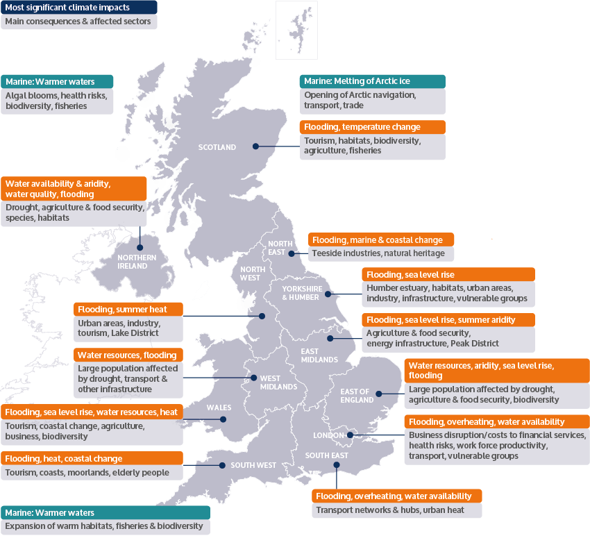 Map of UK showing regional climate impacts